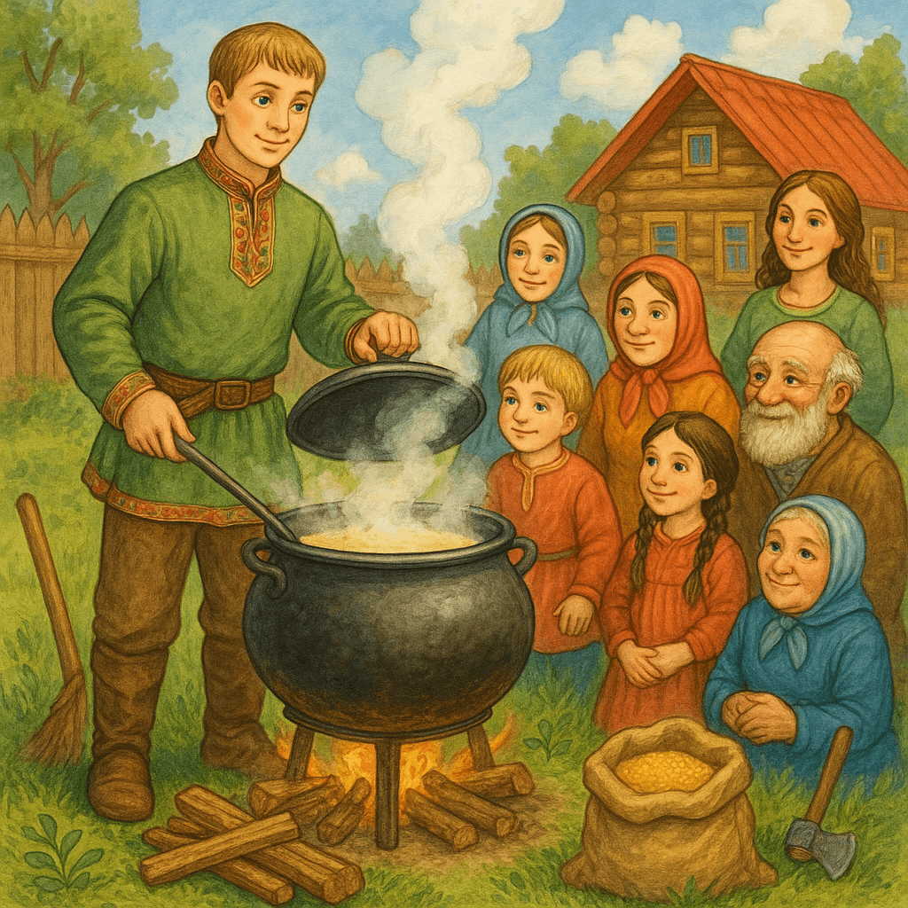 Илья у котла угощает собравшихся людей кашей все счастливы и довольны