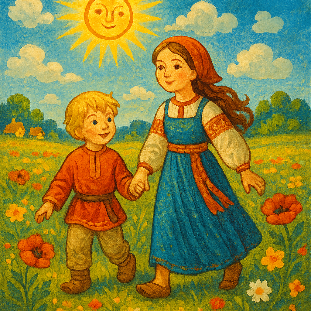 A sunny field with two children walking, the sun high in the sky, whimsical fairy tale style