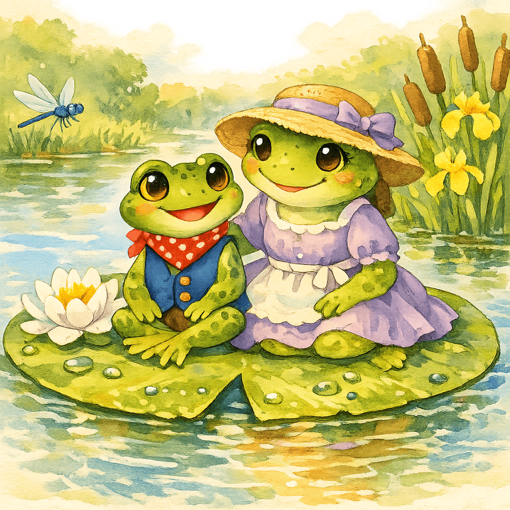 Ква с мамой на большом листе кувшинки в солнечное утро