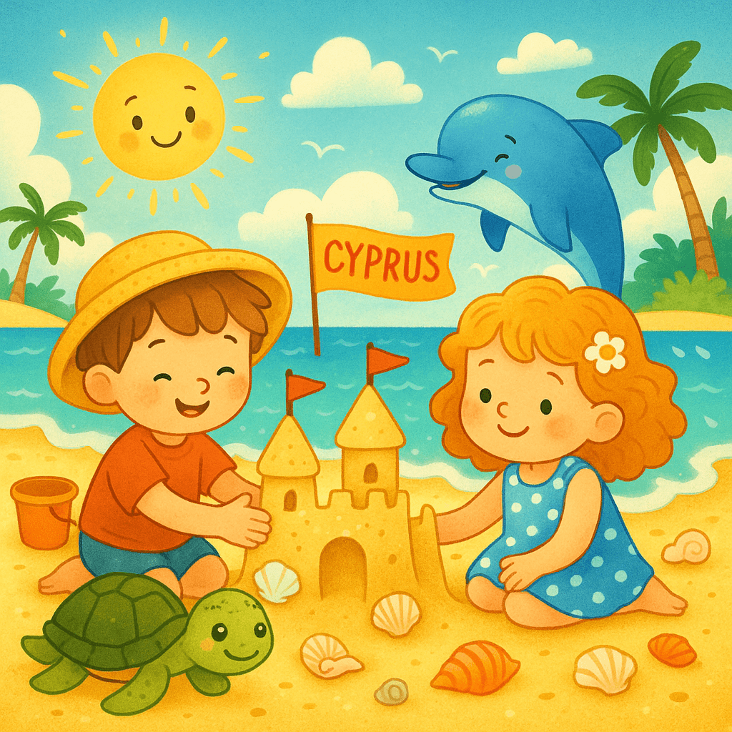 Солнечный пляж Кипра: дети лепят замок из песка, флажки, ракушки, улыбающиеся черепаха и дельфин.