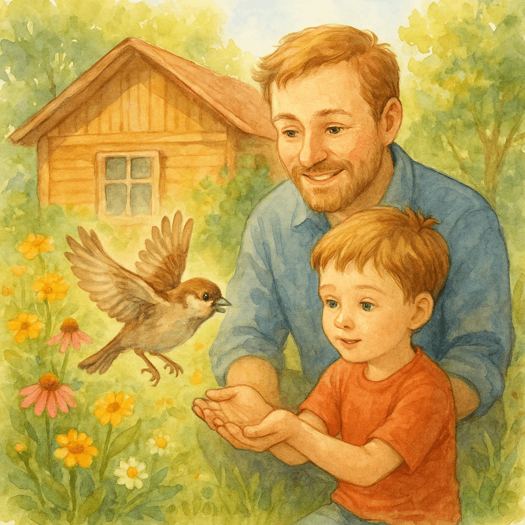 Никита выпускает птенца воробья в саду, а папа рядом наблюдает и улыбается.