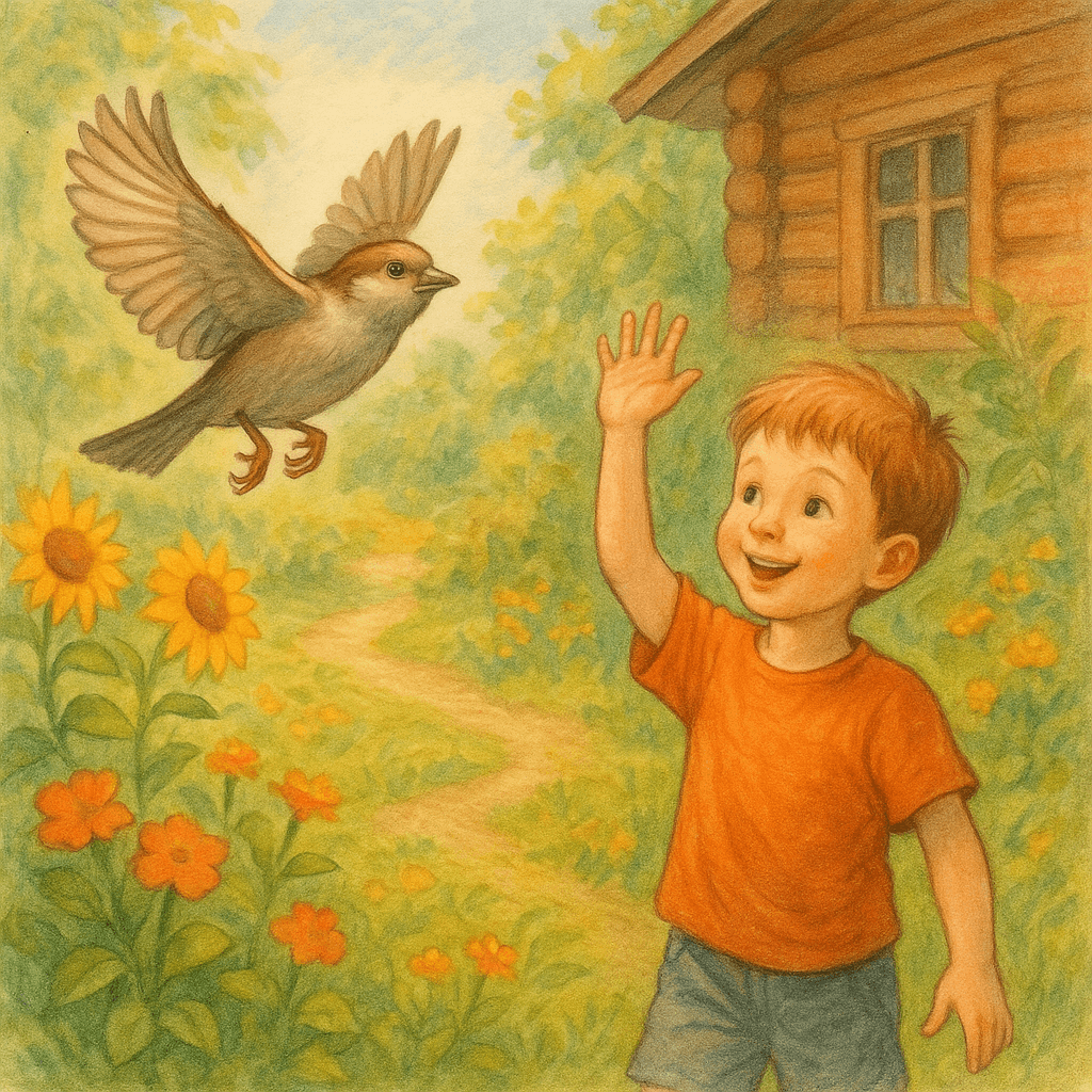 Окрепший воробей перелетает через забор, дерево и дом, улетая от Никиты.