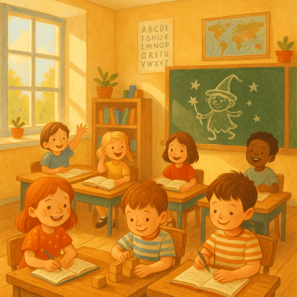 Солнечный школьный класс — дети за партами учатся, играют, на доске нарисованный сказочный герой, атмосферный детский стиль.
