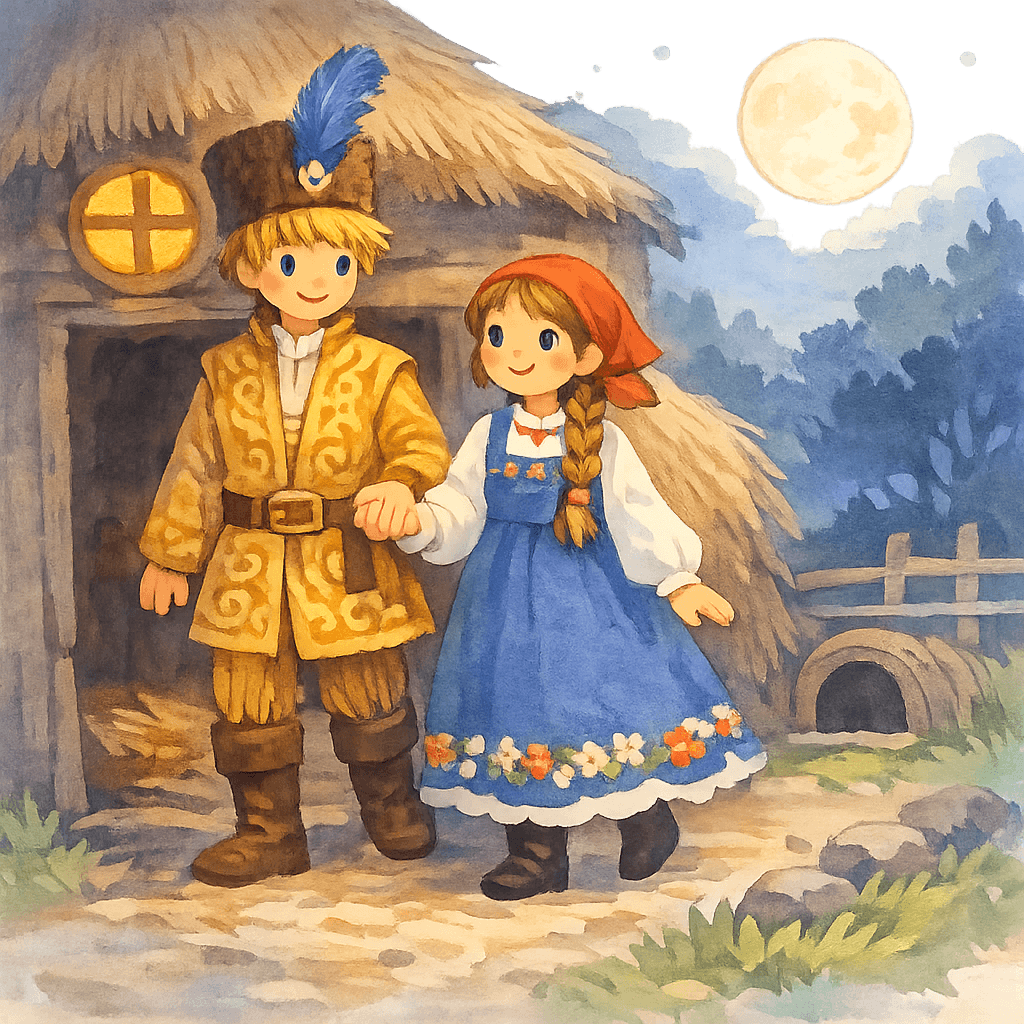 Василиса и Соломенный жених выходят из овина под лунным светом