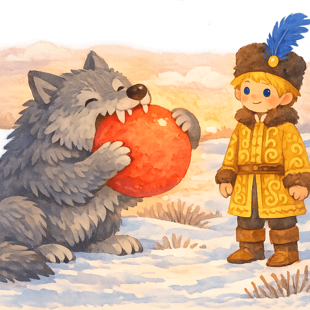 Волк нападает на зимнее солнце, жених рядом в снегу