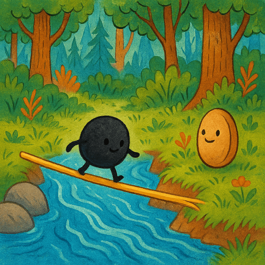 Соломинка стала мостиком через ручей, уголёк идёт по ней, боб ждёт на берегу.