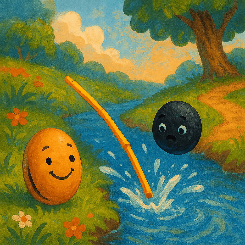 Соломинка и уголёк падают в ручей, боб смеётся на берегу.