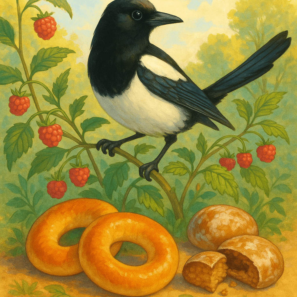 Сорока-белобока сидит на малиновом кусту, вокруг калачи и пряники.