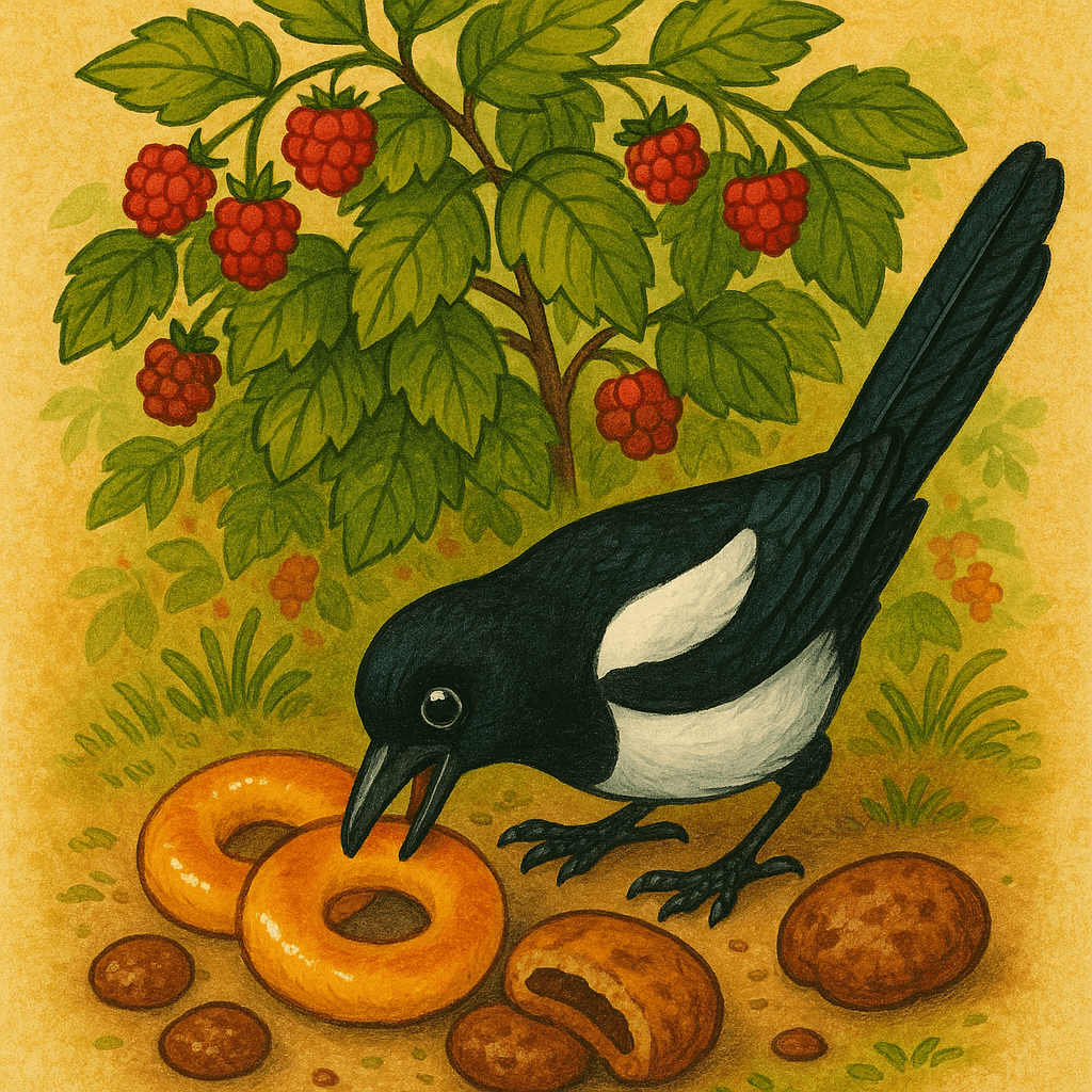 Сорока съедает все калачи и пряники под кустом.