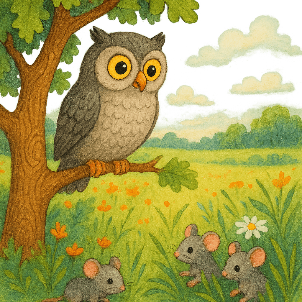 Сова ловит мышей на лугу