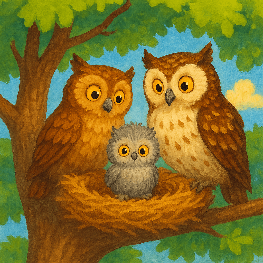 Совенок в гнезде с родителями