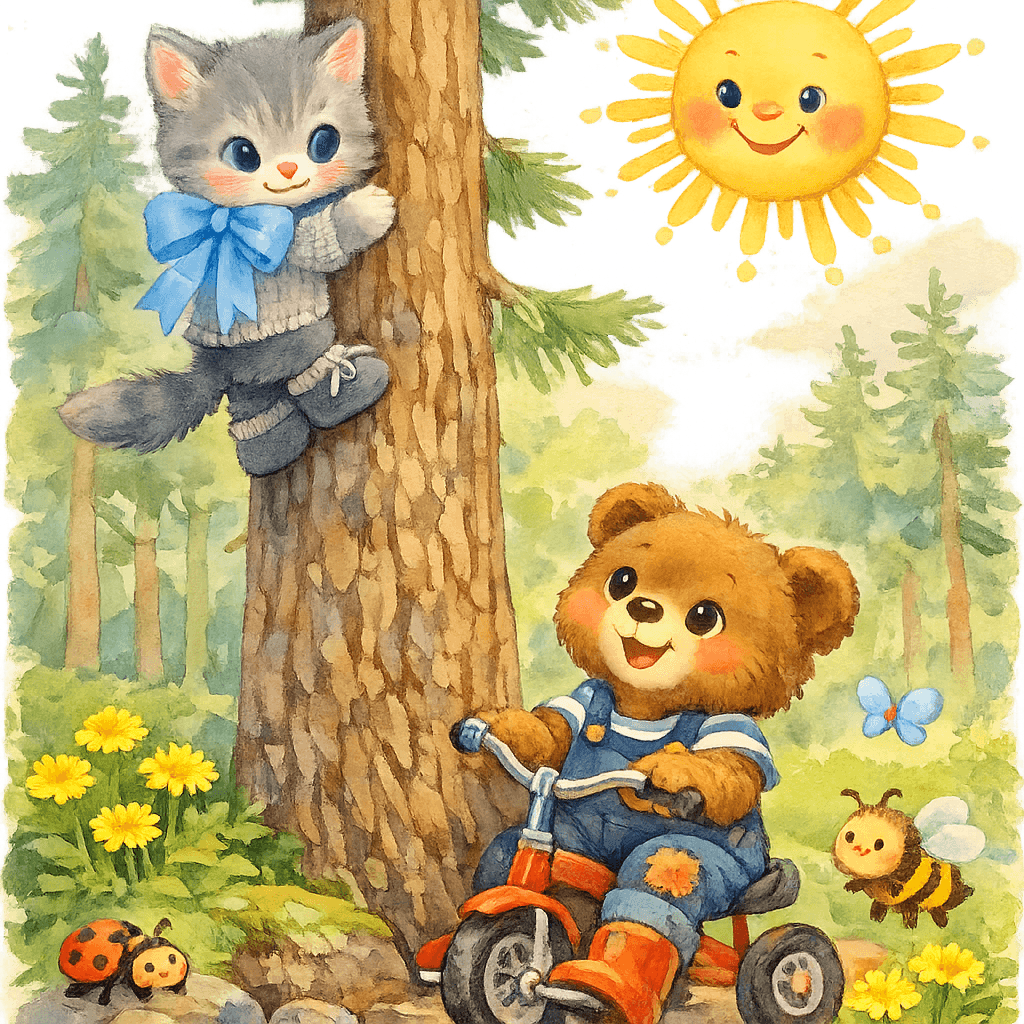 Котёнок залезает на сосну, Медвежонок наблюдает, светит солнышко