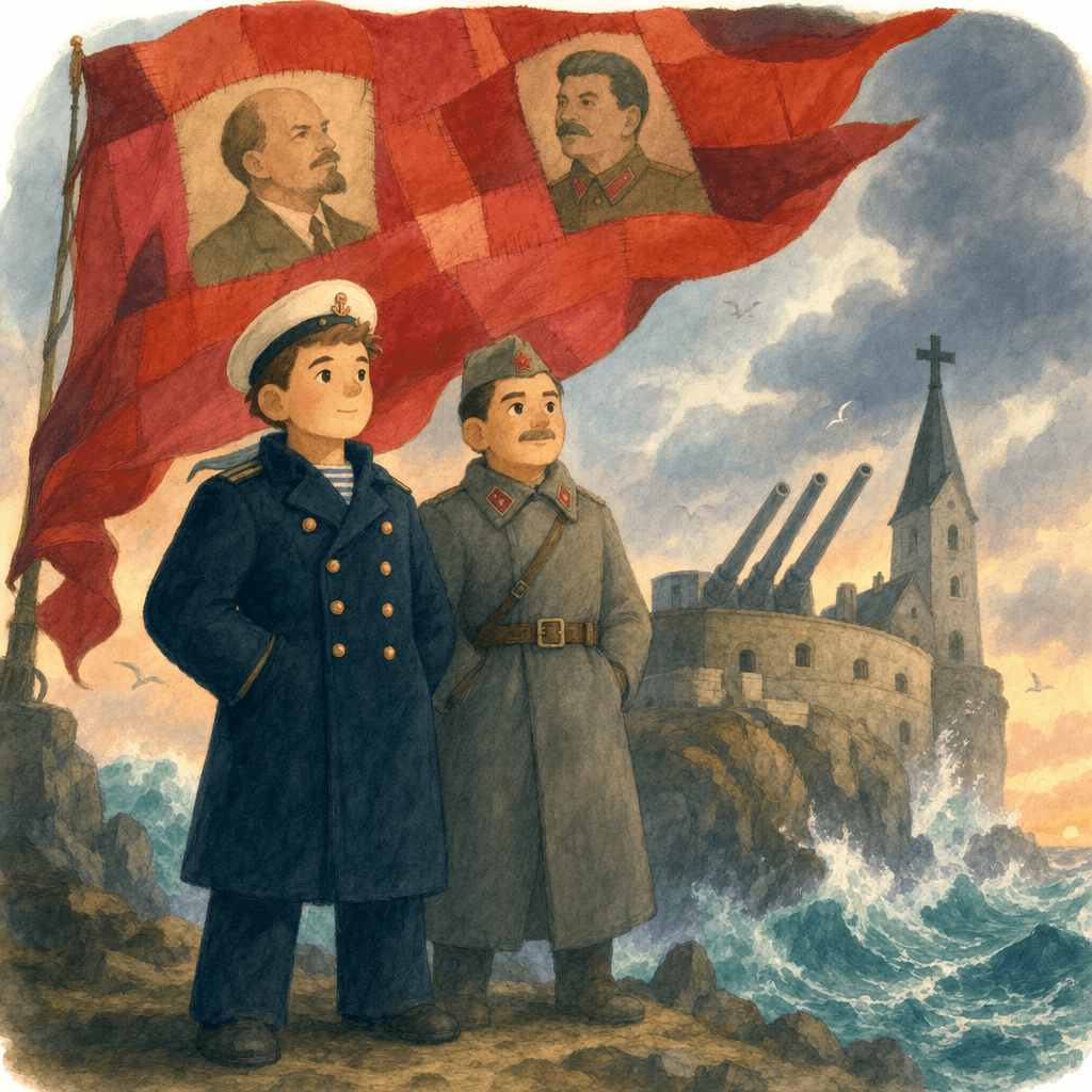 Мужественные советские моряки на фоне форта, развевающийся огромный красный флаг, драматическая обстановка