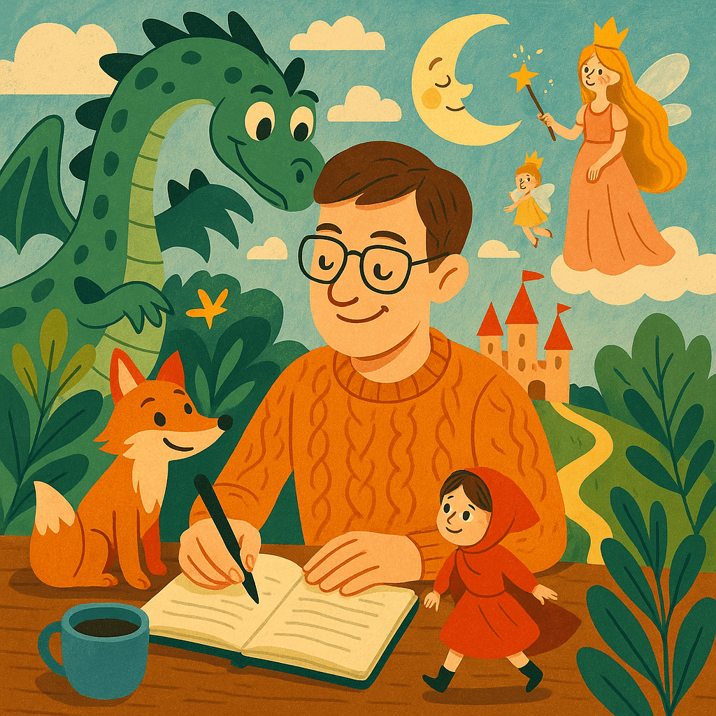 Современный автор сочиняет детскую сказку, фантазия и герои вокруг него, иллюстрация для блога о новых сказках.