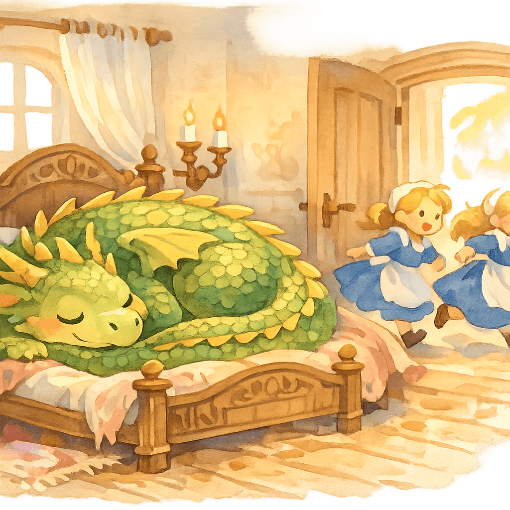 Дракон на кровати принцессы, испуганные служанки убегают