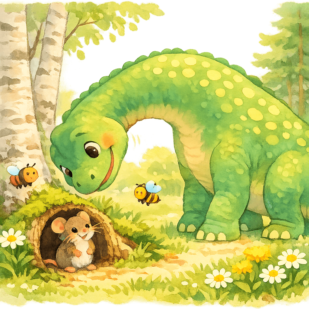 Динозавр извиняется и отодвигается от мышиной норки