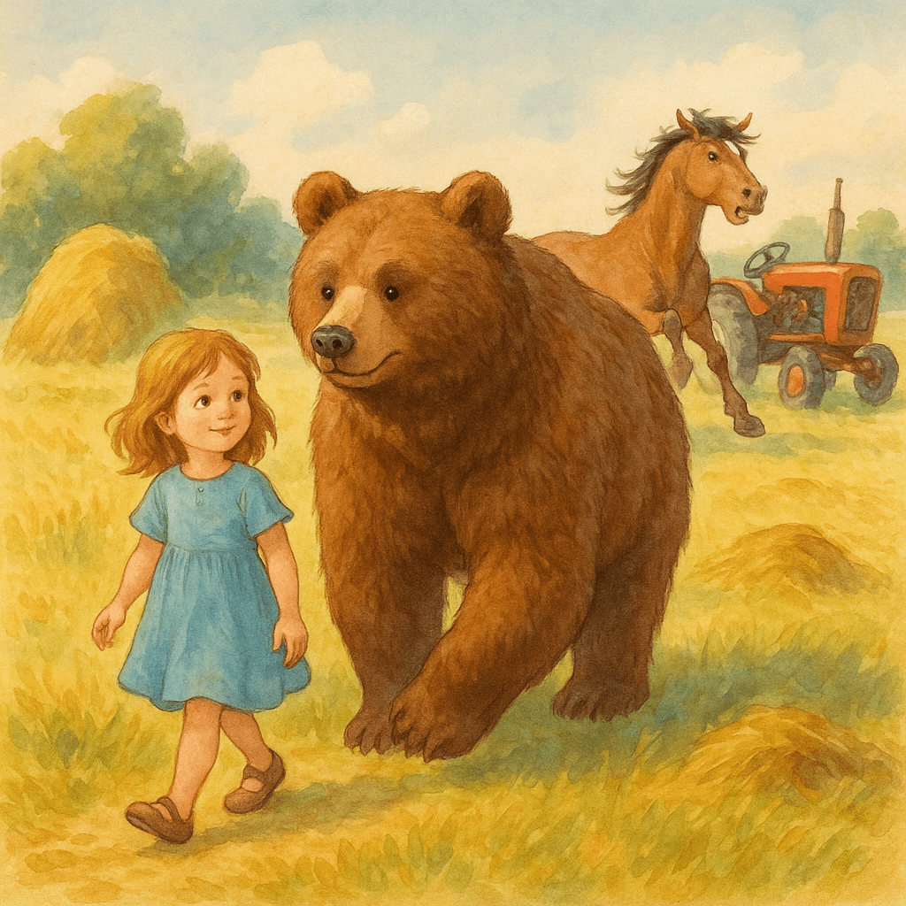 Аришка ведёт выросшего Мишука, лошадь и трактор пугаются