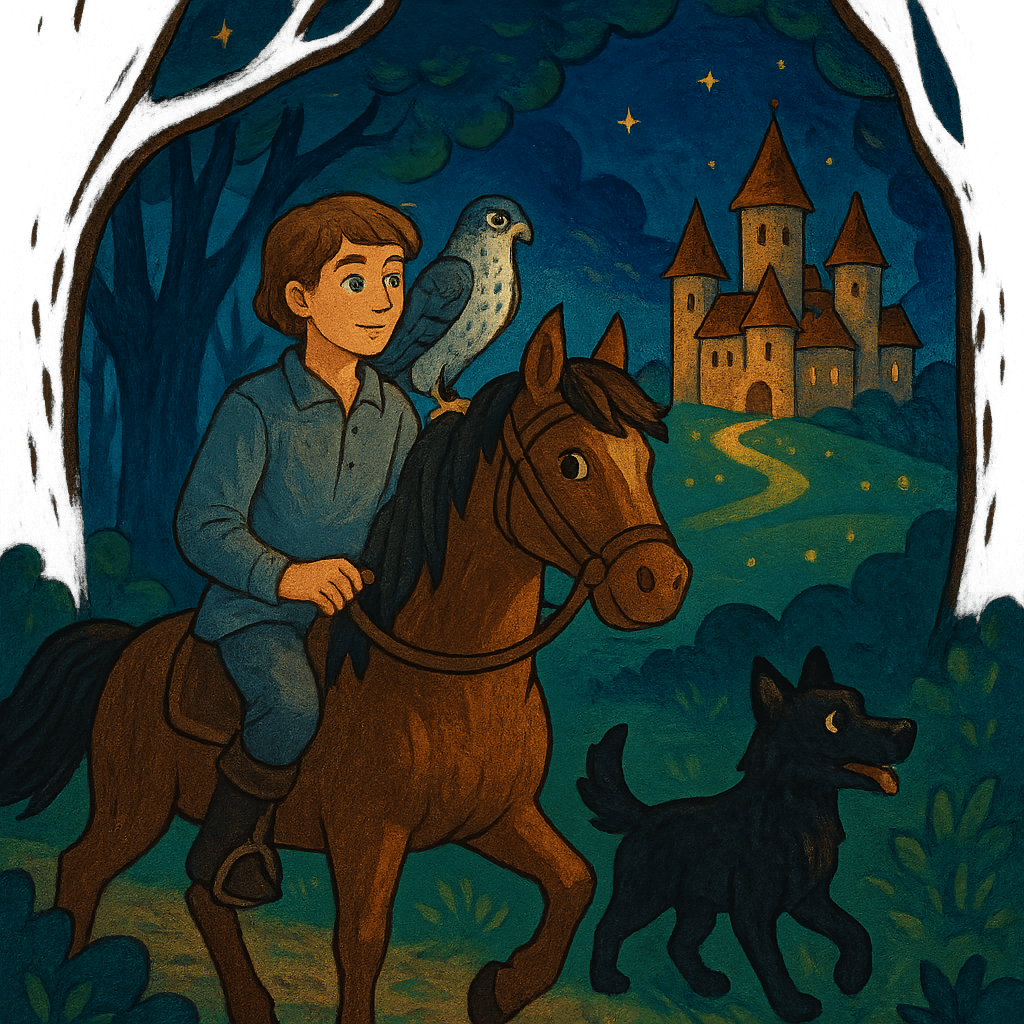 Средний брат с конём, собакой и соколом подъезжает к замку ночью.