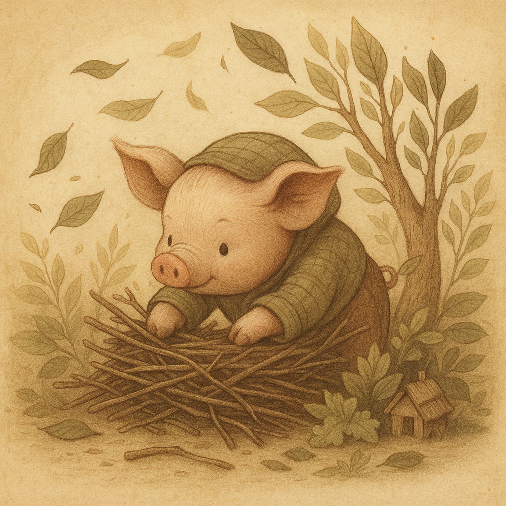 Средний поросенок строит дом из веток