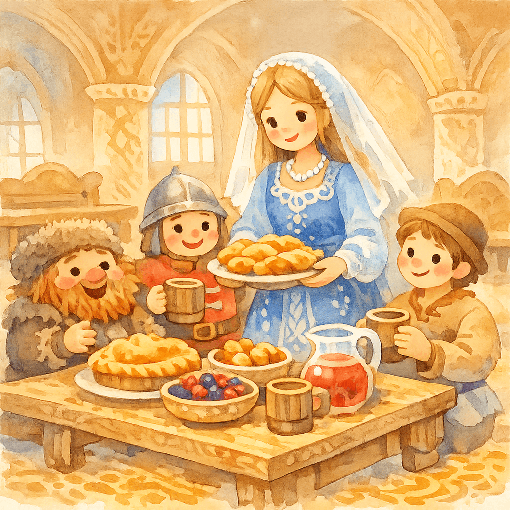 Средняя царевна встречает и угощает героев в палатах