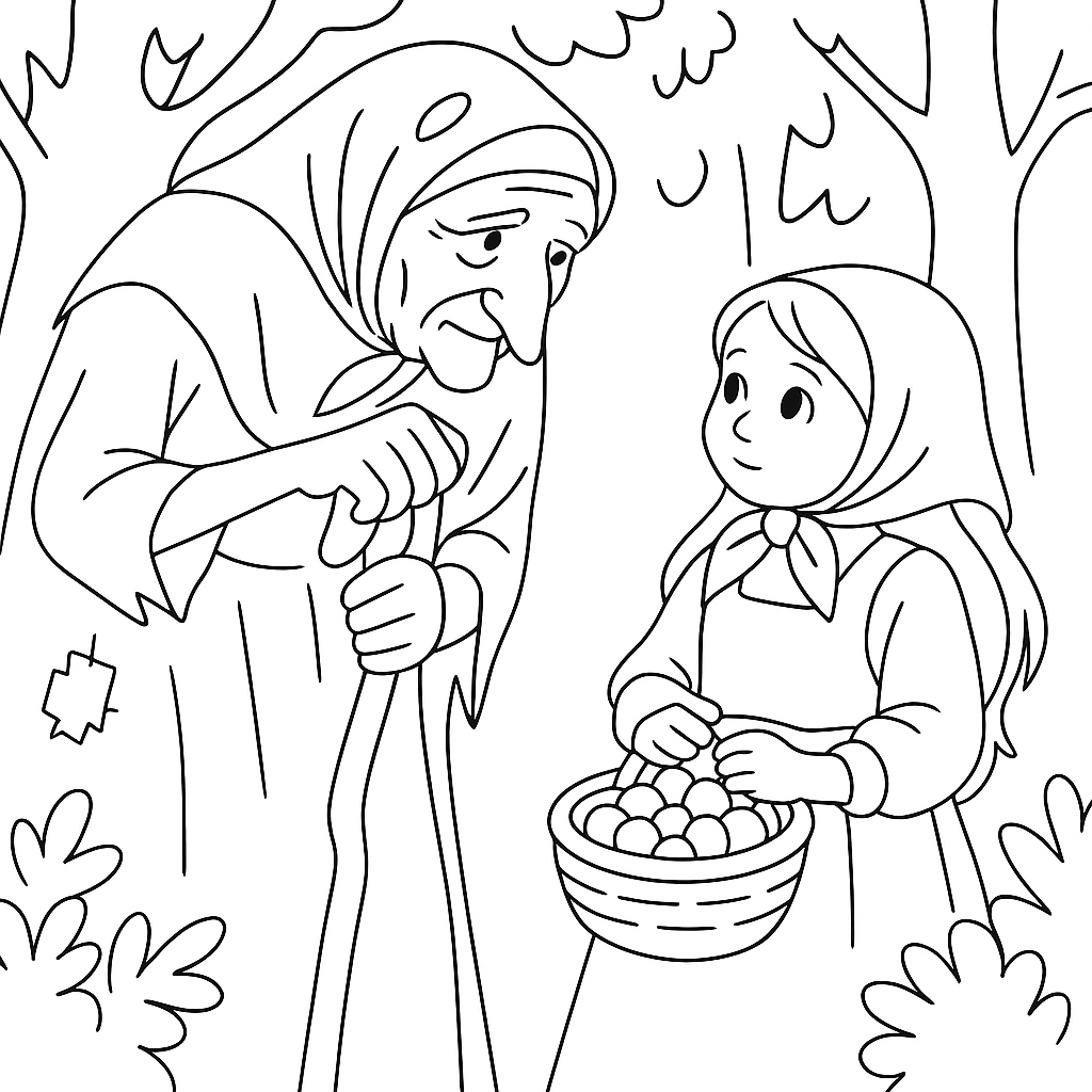 Раскраска по сказке "Баба яга и ягоды"