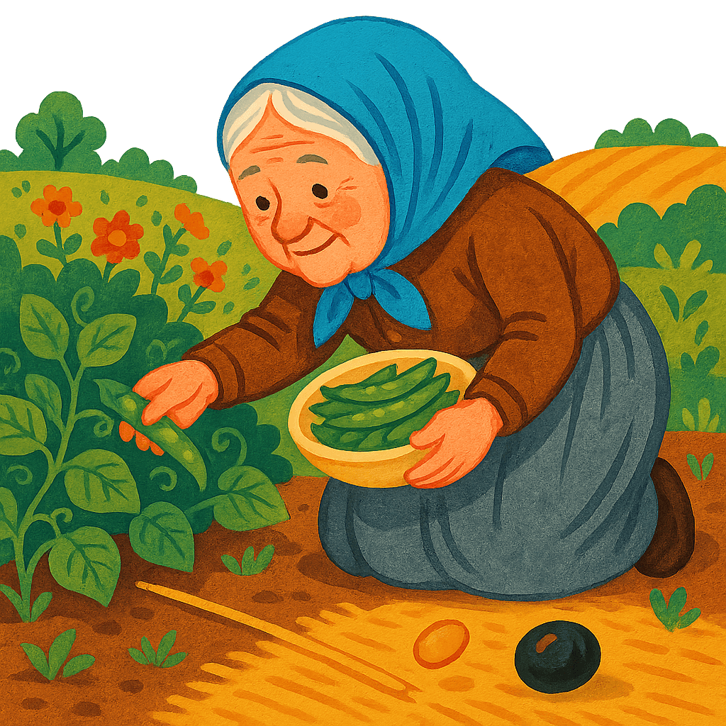 Бабушка собирает бобы на огороде, рядом с ней соломинка, уголёк и боб.
