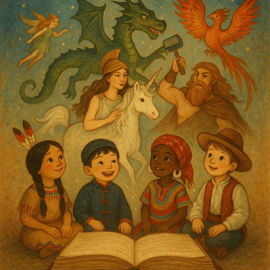 Старая книга, над ней мифологические герои и волшебные животные, дети в народных костюмах, единорог, дракон, феникс, атмосферная детская иллюстрация.