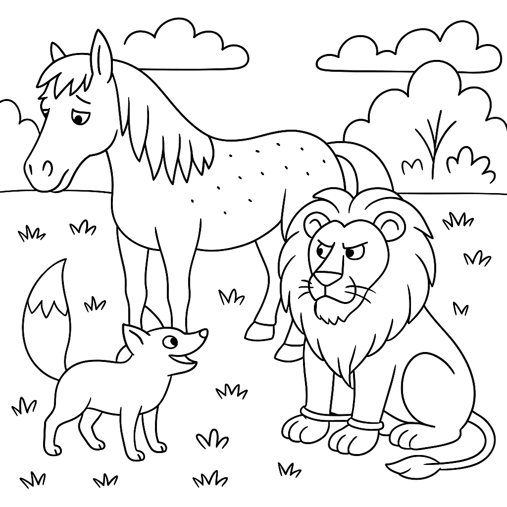 Раскраска по сказке "Лиса и лошадь"