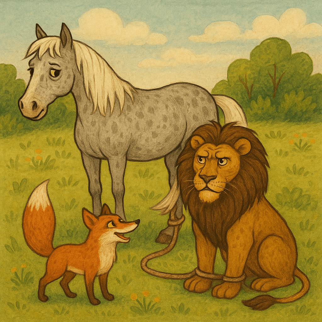 Лошадь привязала льва за лапы, лиса рядом