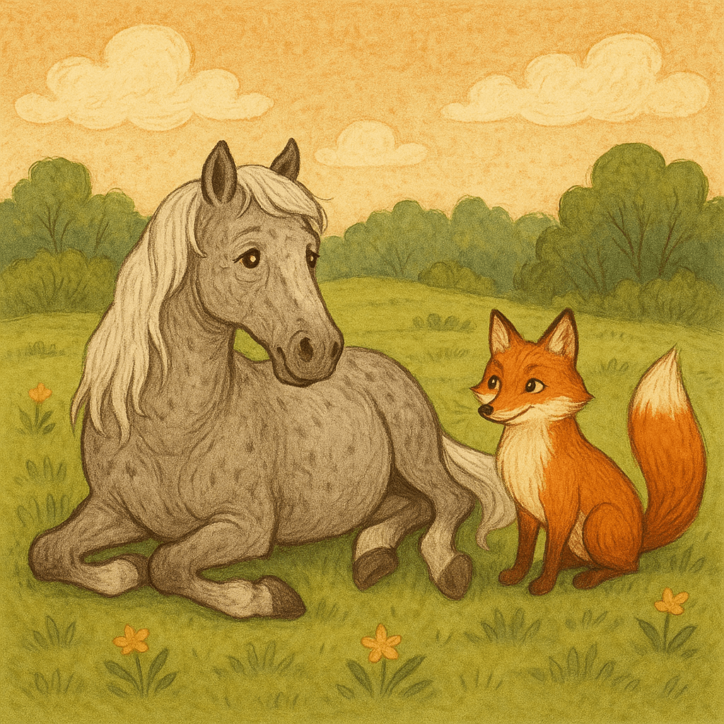 Лошадь лежит на траве, лиса рядом наблюдает