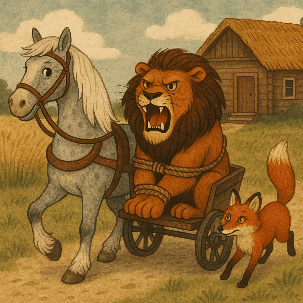 Лошадь тащит льва через поле к дому крестьянина