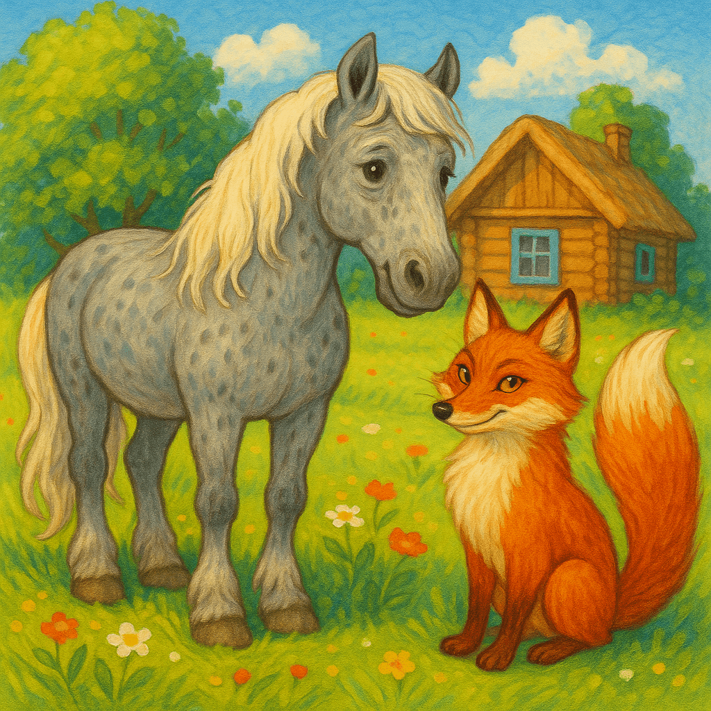 Старая лошадь и лиса на солнечном лугу перед деревенской избой, стиль детской сказки