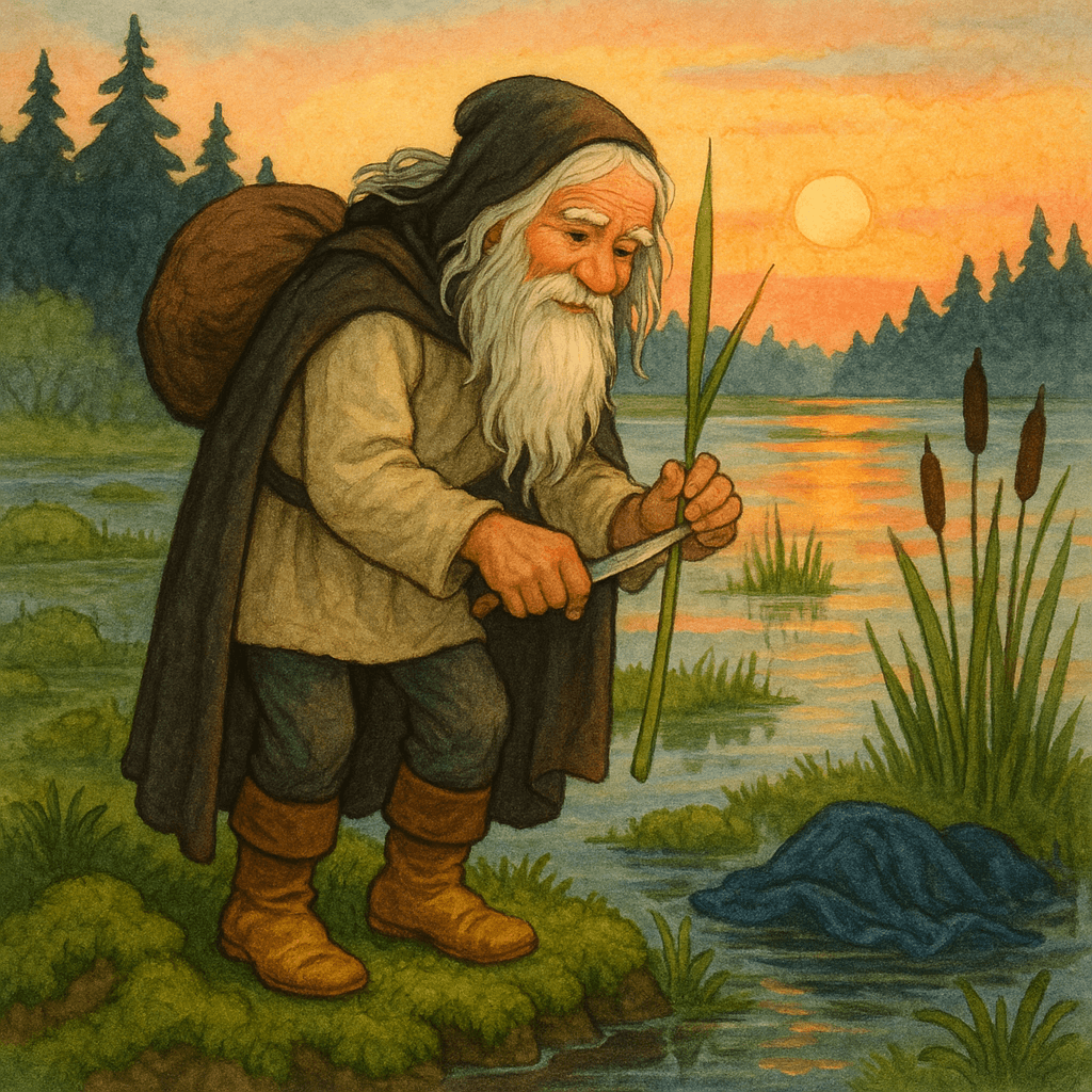 Странник на болоте срезает травяную дудочку