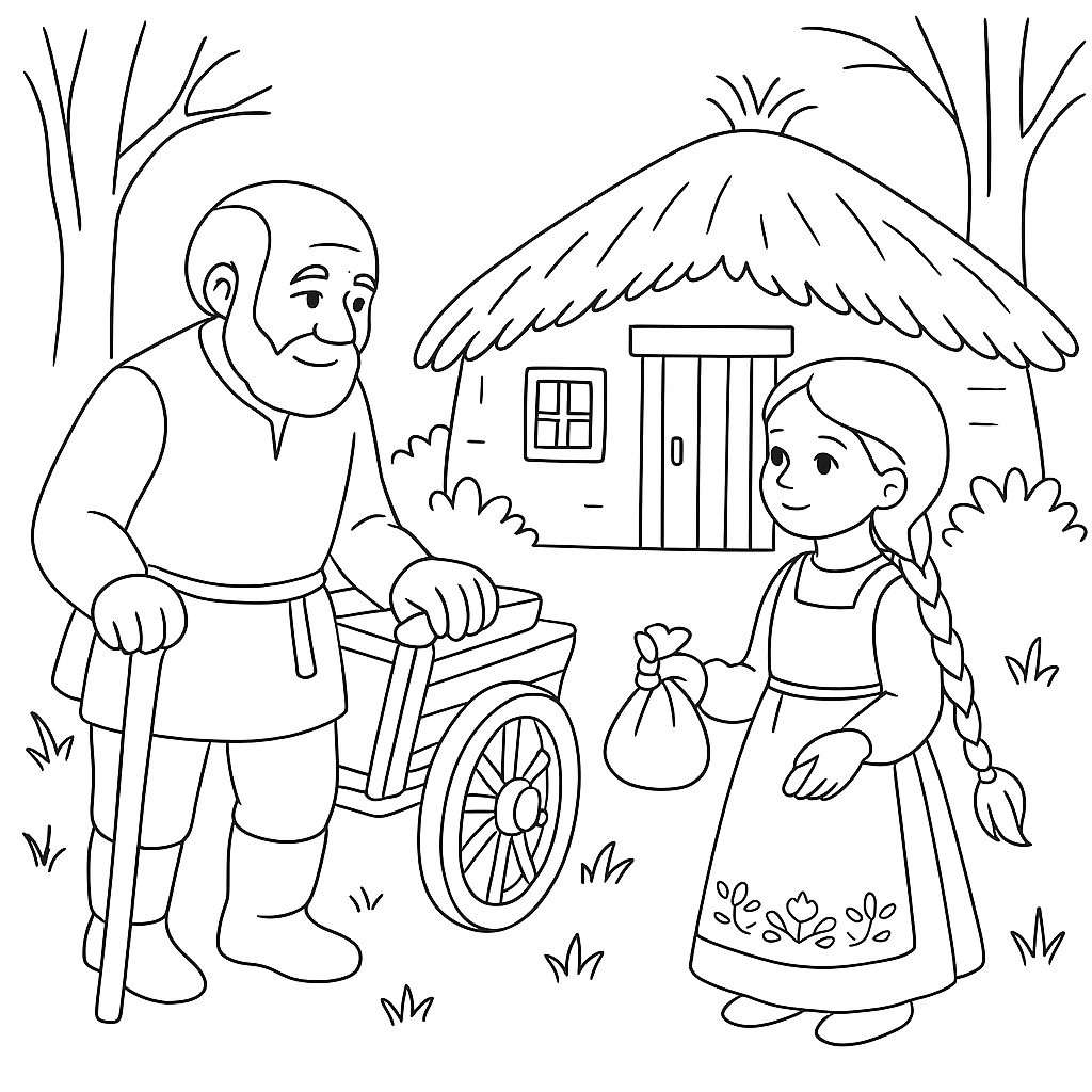 Раскраска по сказке "Дочь и падчерица"