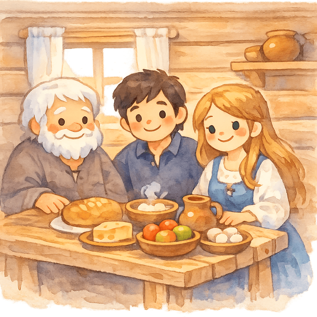 Старик, сын и умная жена за столом в избе