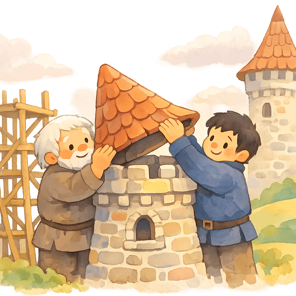 Отец и сын кладут кривой верх башни