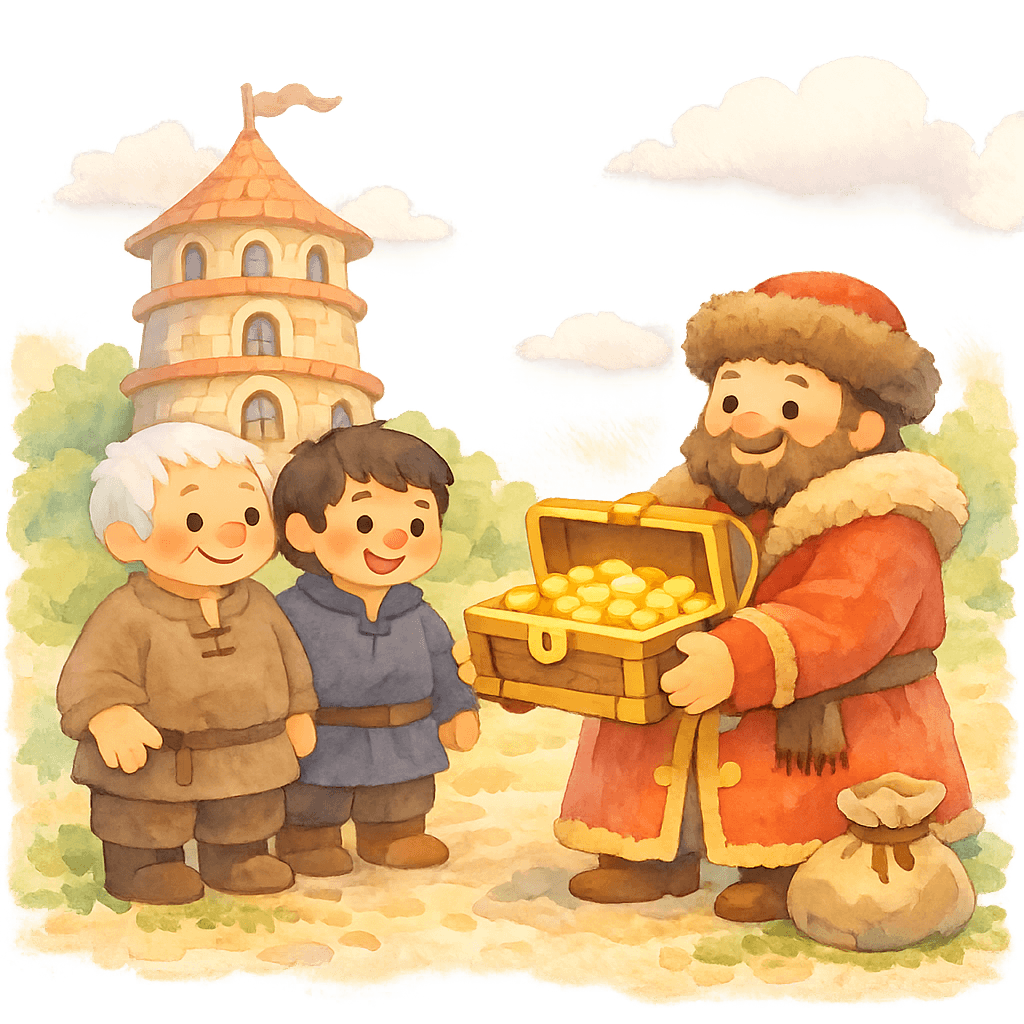 Строители получают награду от князя у башни