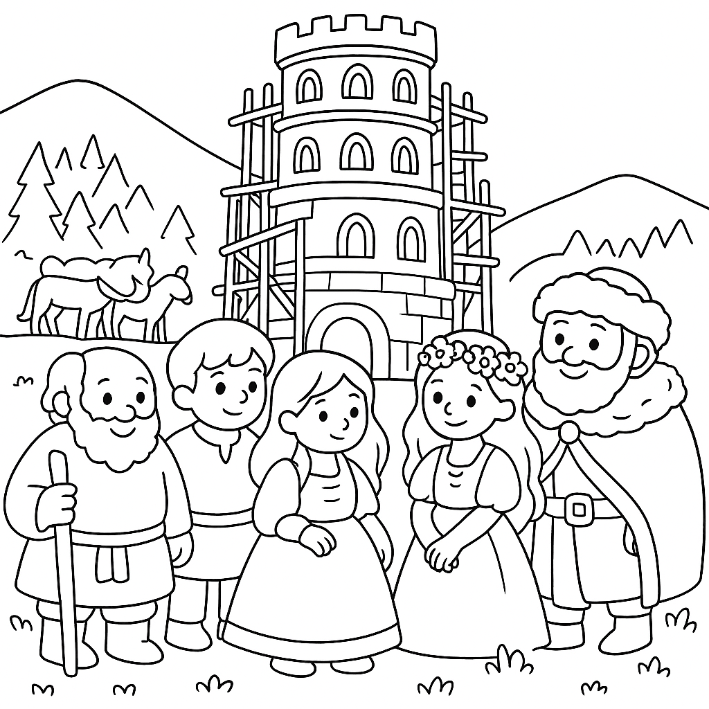 Раскраска по сказке "Сказка о строителях башни и умной жене"