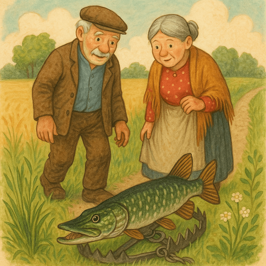 Старик и старуха смотрят на щуку, попавшуюся в капкан в поле