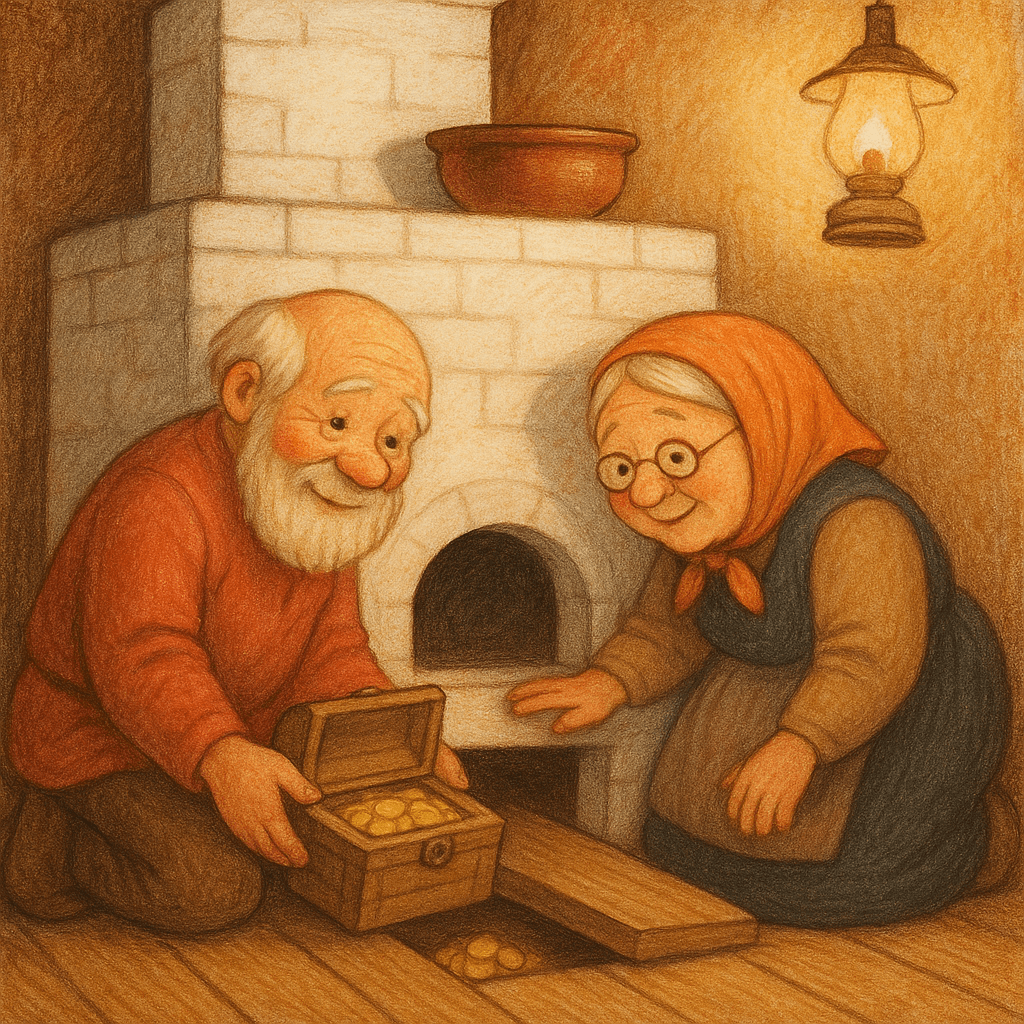 Старик и старуха прячут сундук с кладом под печкой в доме