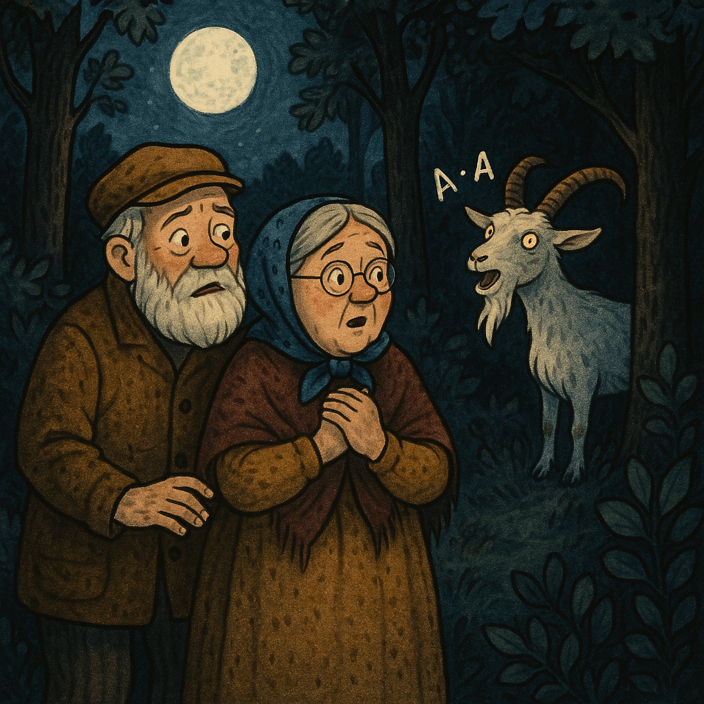 Старик и старуха на опушке леса, где кричит козёл