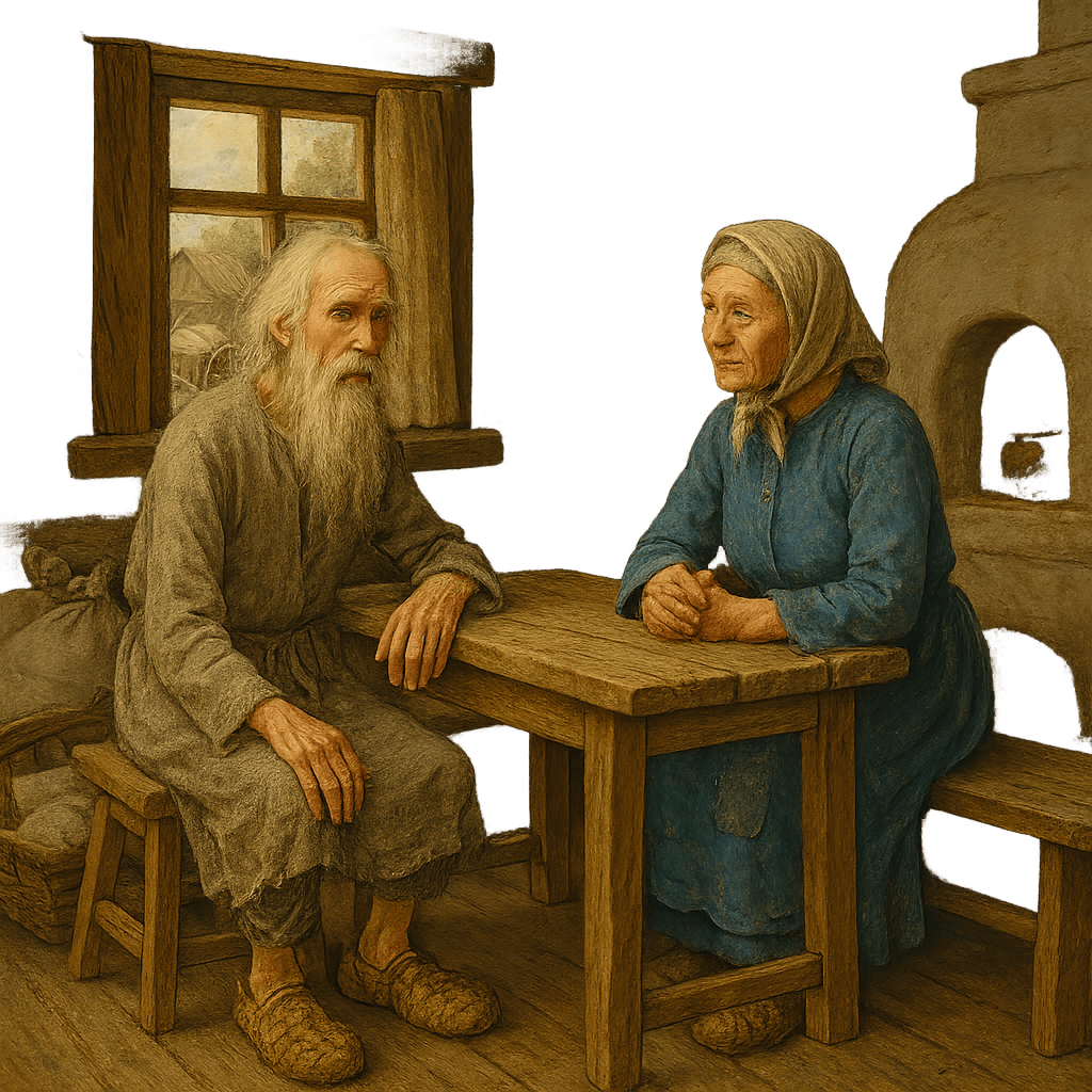 Старик и старуха сидят в бедной избе перед пустым столом, а рядом телега с мешками муки.