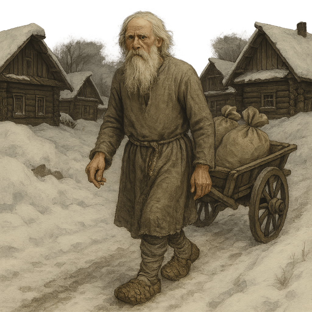 Старик идёт по зимней деревне с телегой, думая о хитрости.
