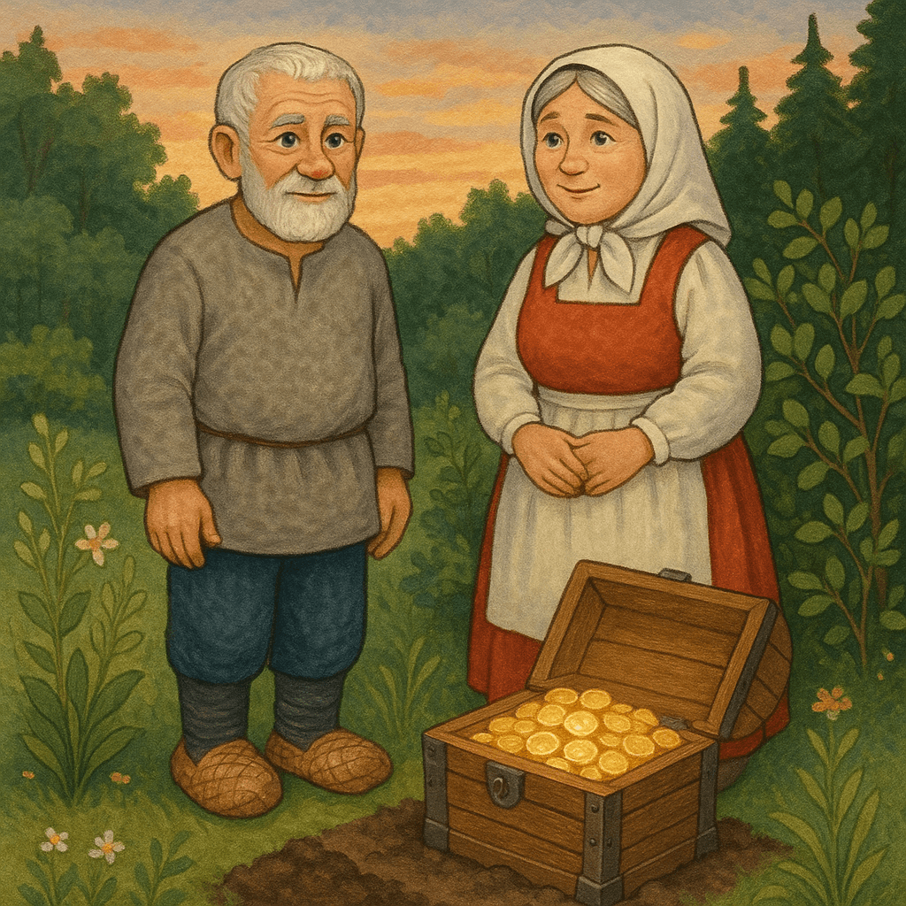 Старик и болтливая старуха находят клад на опушке леса