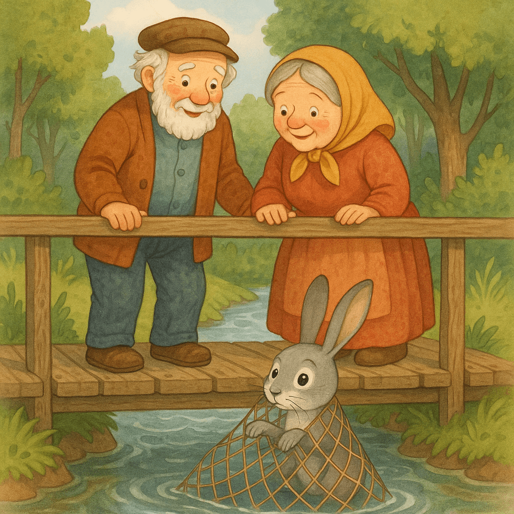 На мосту через реку в сетях ворочается заяц, а старик с женой удивляются