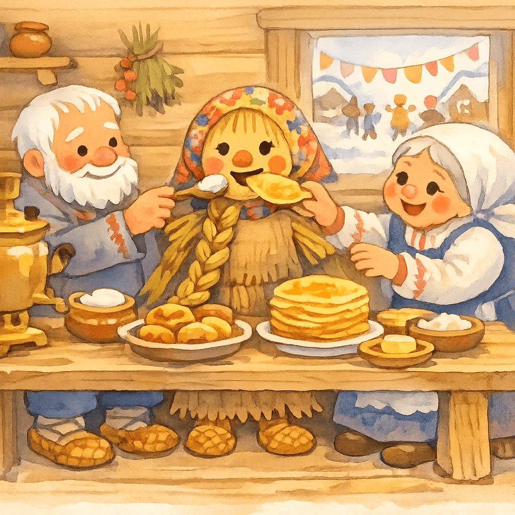 Старик и старуха угощают Масленицу блинами за столом