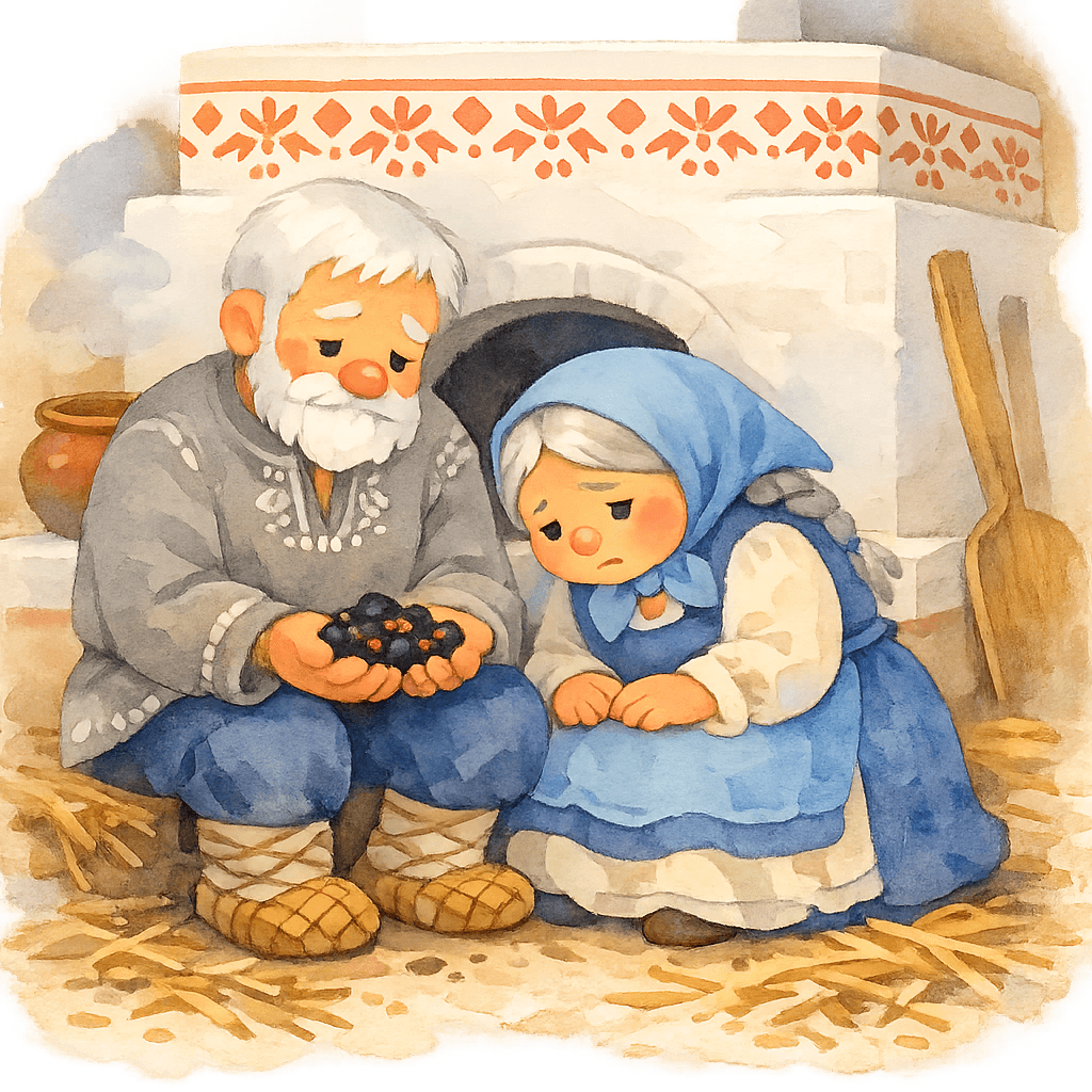 Старик и старуха у печи после сгорания Масленицы