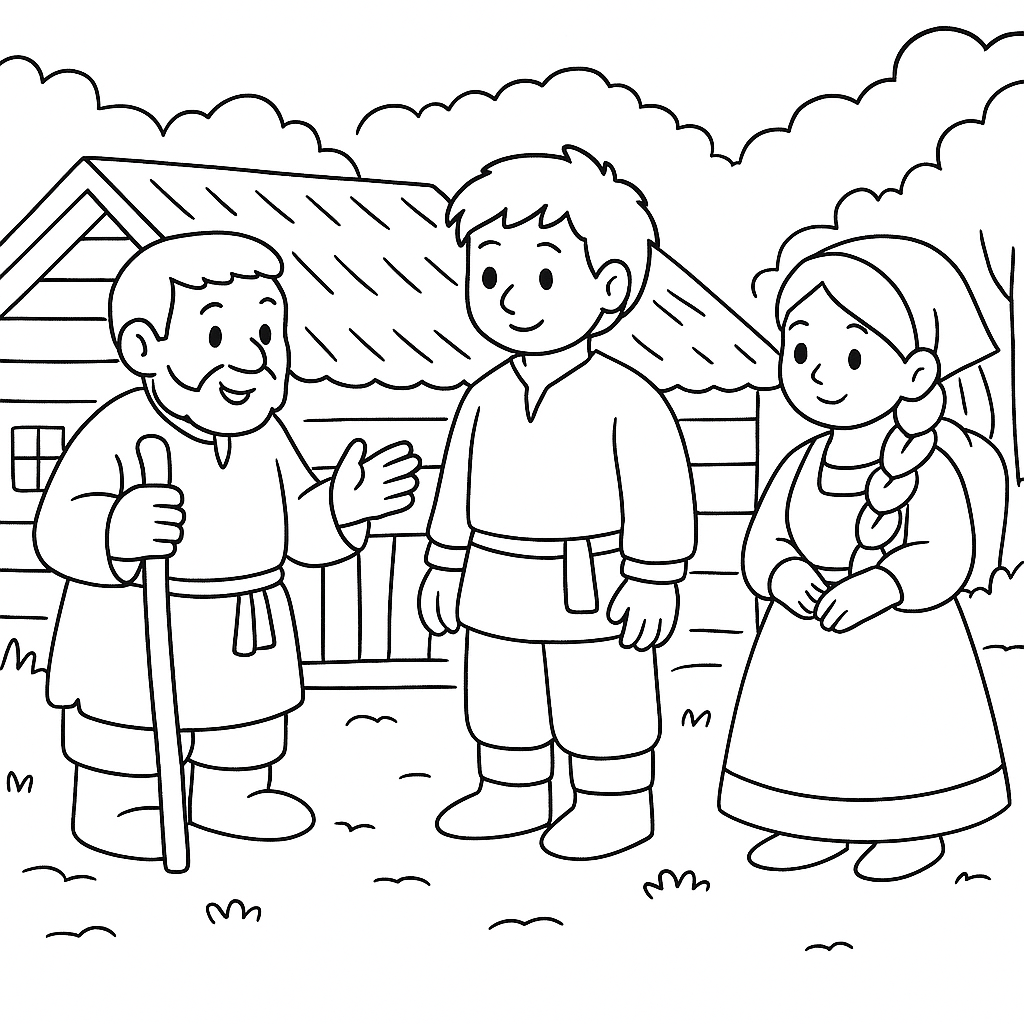 Раскраска по сказке "Сказка о строителях башни и умной жене"