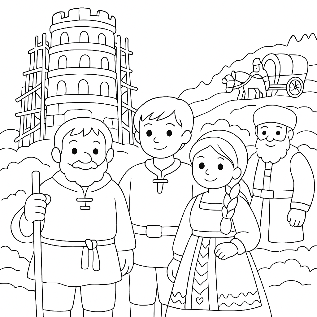 Раскраска по сказке "Сказка о строителях башни и умной жене"