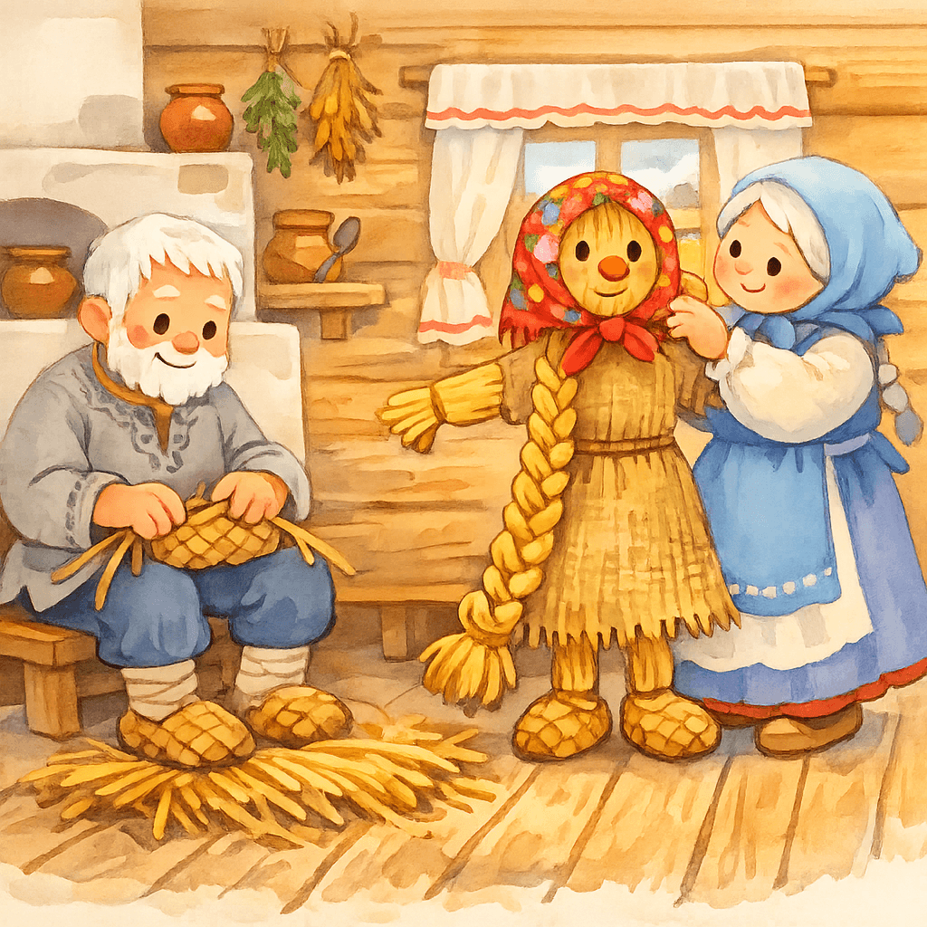 Старик и старуха делают куклу Масленицу в избе